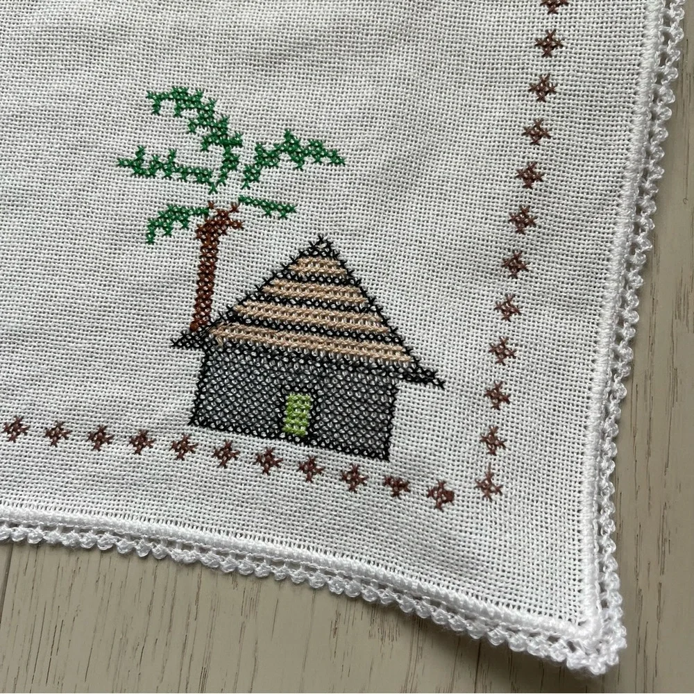 Vintage linen textile tea towel cloth embroidered mother and child cross stitch